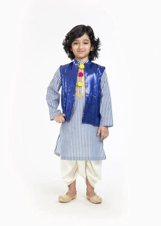 3Pcs Blue Stripe Kurta Set with Waistcoat