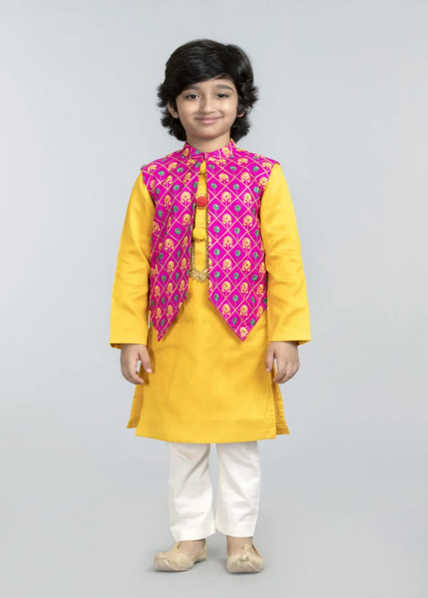 3Pcs Yellow Kurta Set with Pink Waist Coat