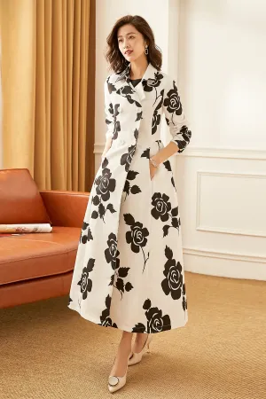 Autumn elegant retro white printed double-breasted coat- Cote