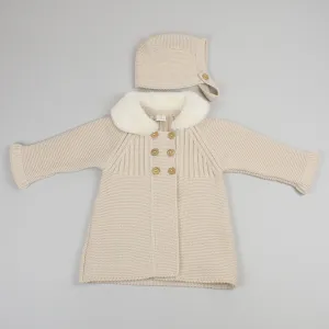 Baby Girls Beige Knitted Coat - Faux Fur Collar with Bonnet