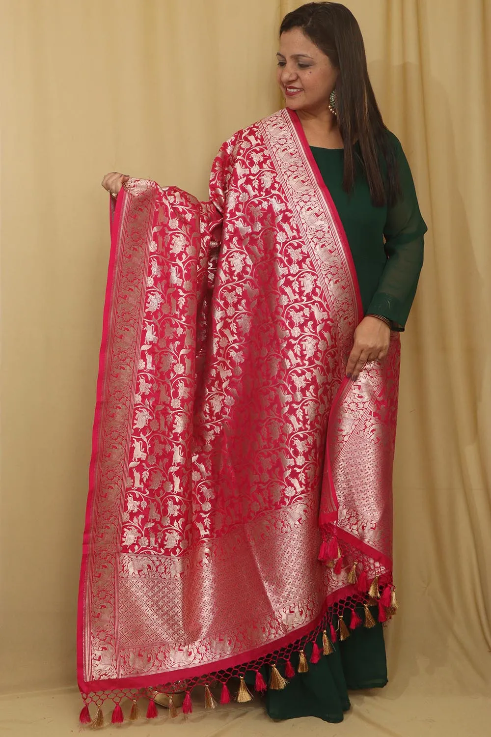 Beautiful Pink Banarasi Silk Dupatta with Shikargah Design