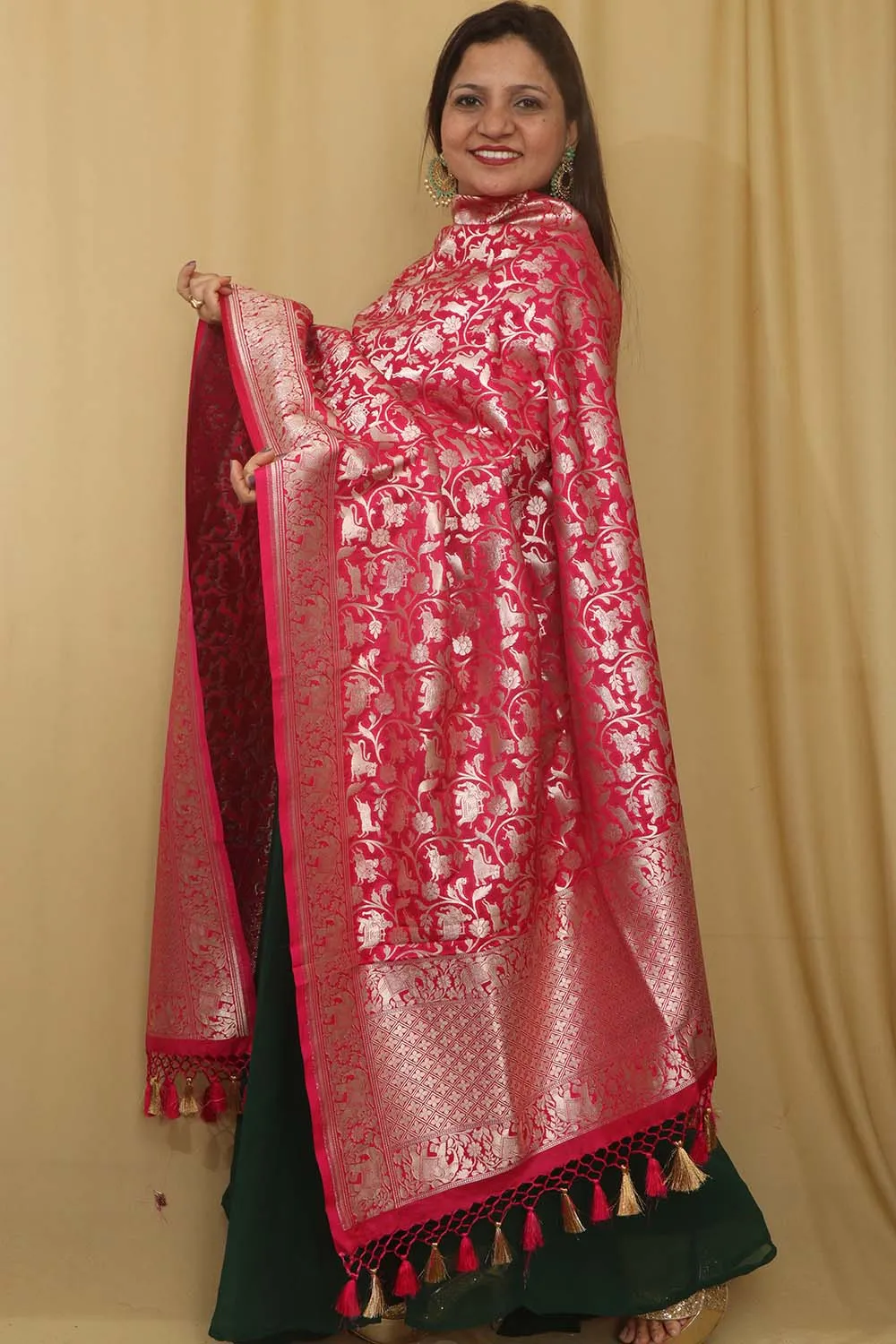 Beautiful Pink Banarasi Silk Dupatta with Shikargah Design