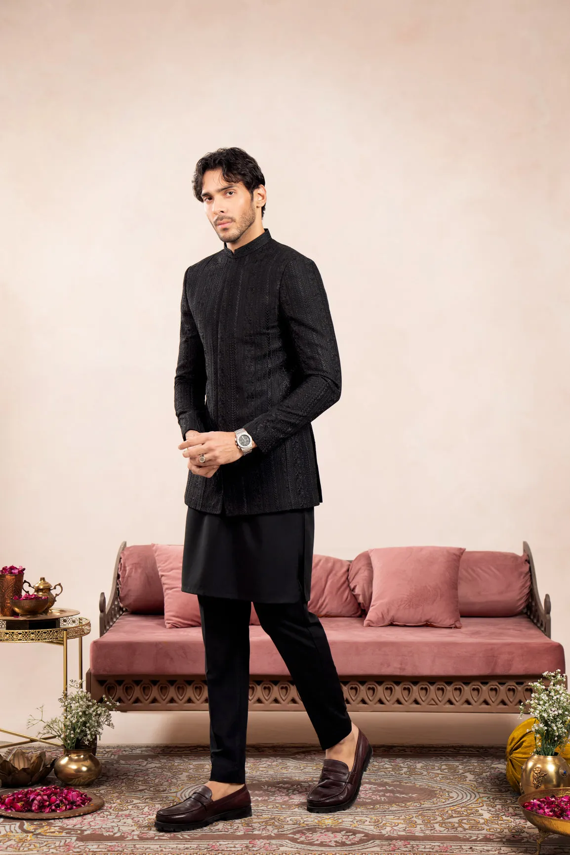 Black Kurta Trouser with Cross Stitched Embroidered Prince Coat - 3PC - Men