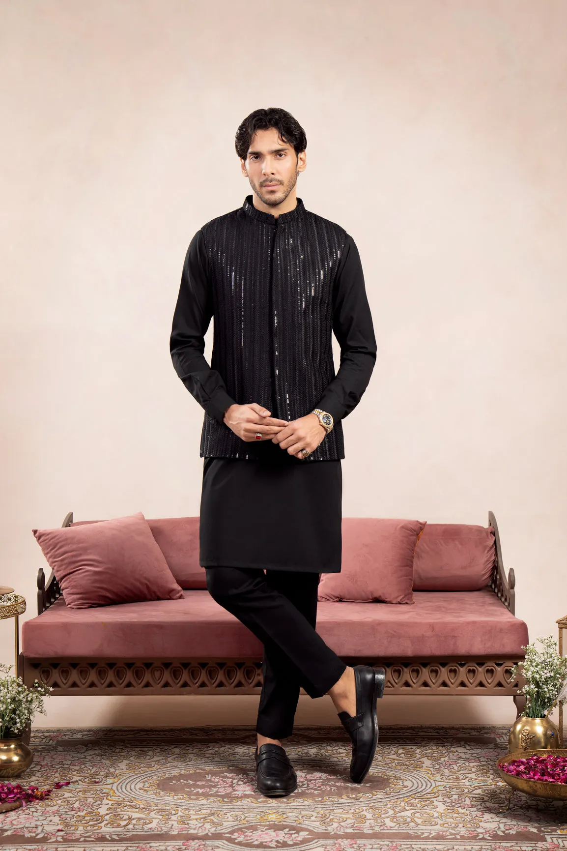 Black Kurta Trouser with Falling Arrow Embroidered Waistcoat - 3PC - Men