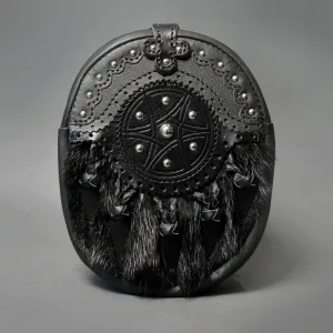 Black Leather Hunting Sporran with Black Rabbit Fur