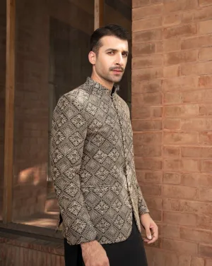 Black Raw Silk Kurta Trouser with Gold Black Embroidered Prince Coat - Men