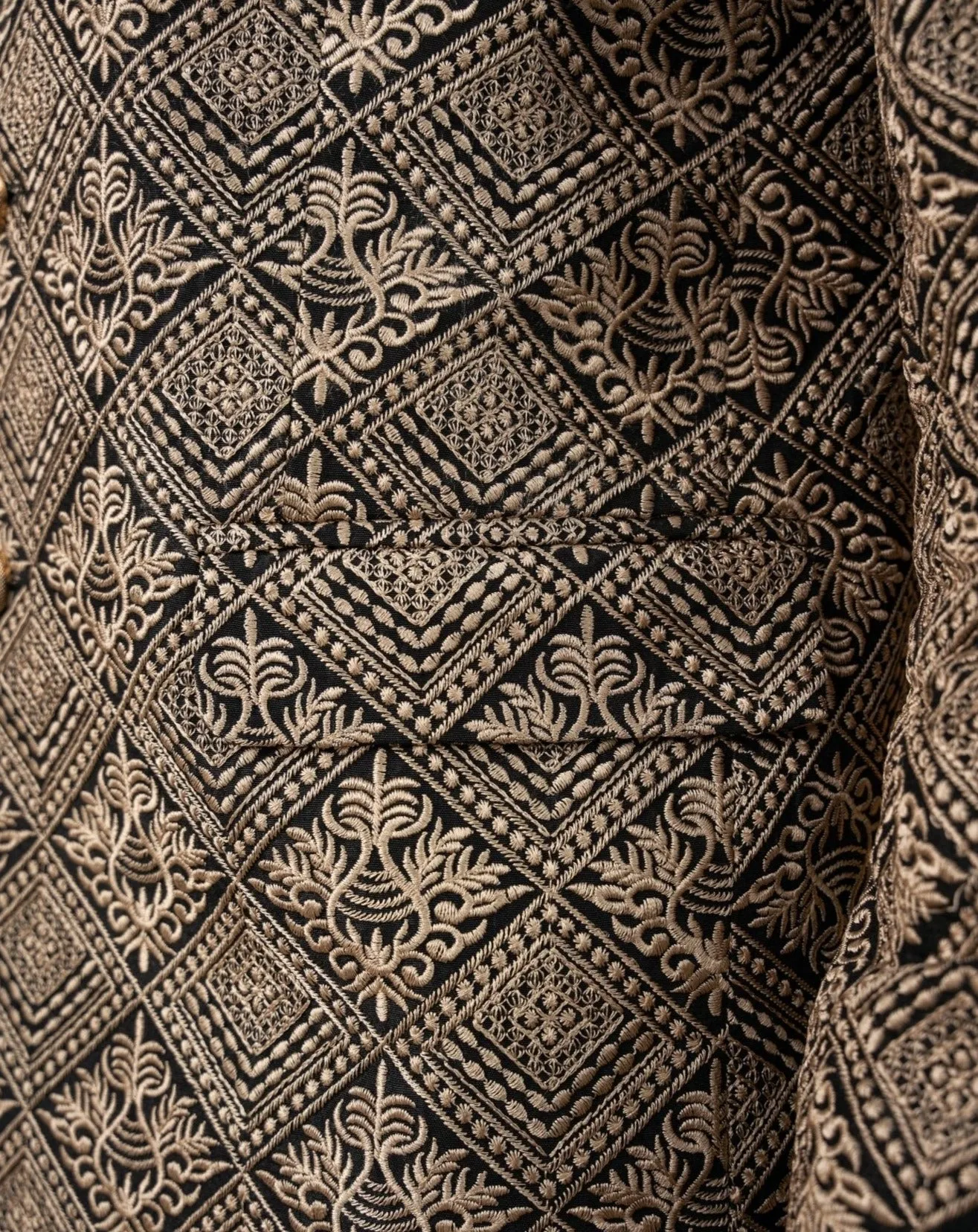 Black Raw Silk Kurta Trouser with Gold Black Embroidered Prince Coat - Men