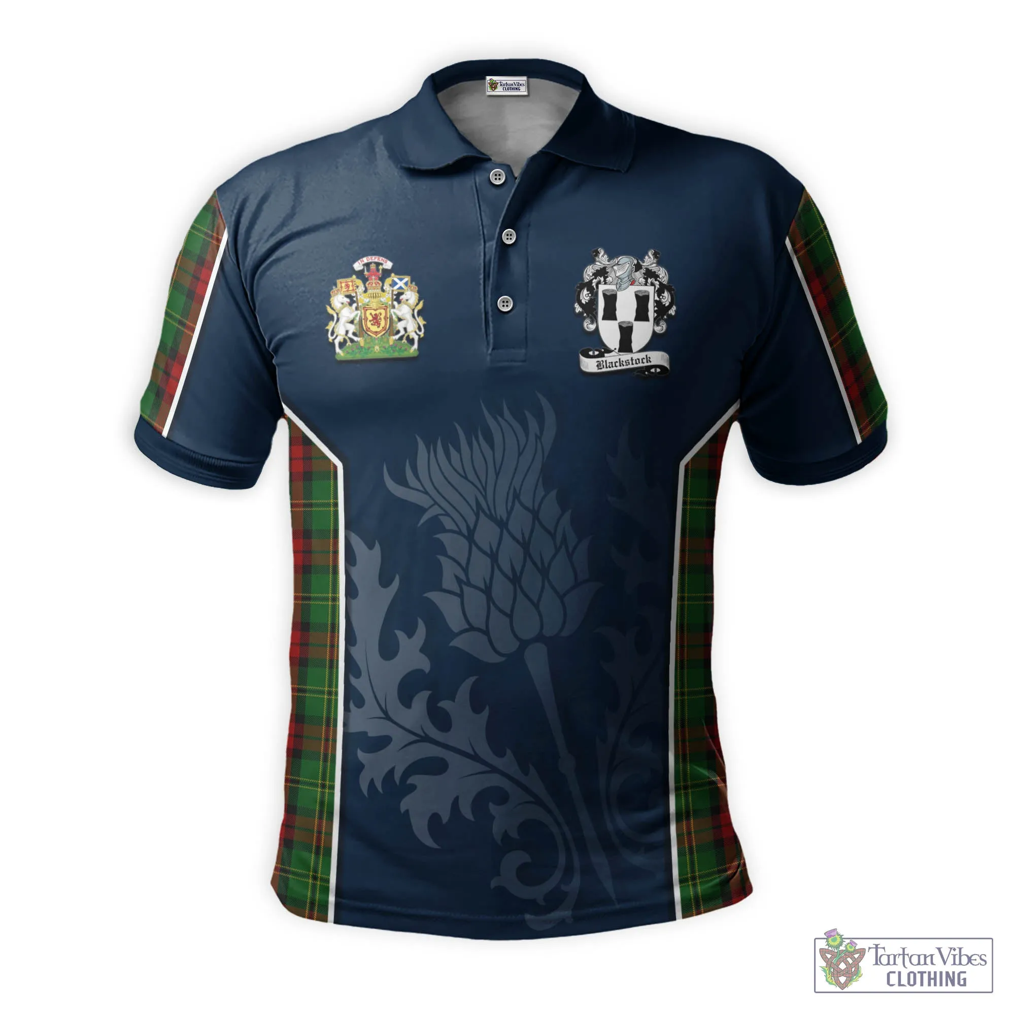 Blackstock Hunting Tartan Men's Polo Shirt with Family Crest and Scottish Thistle Vibes Sport Style