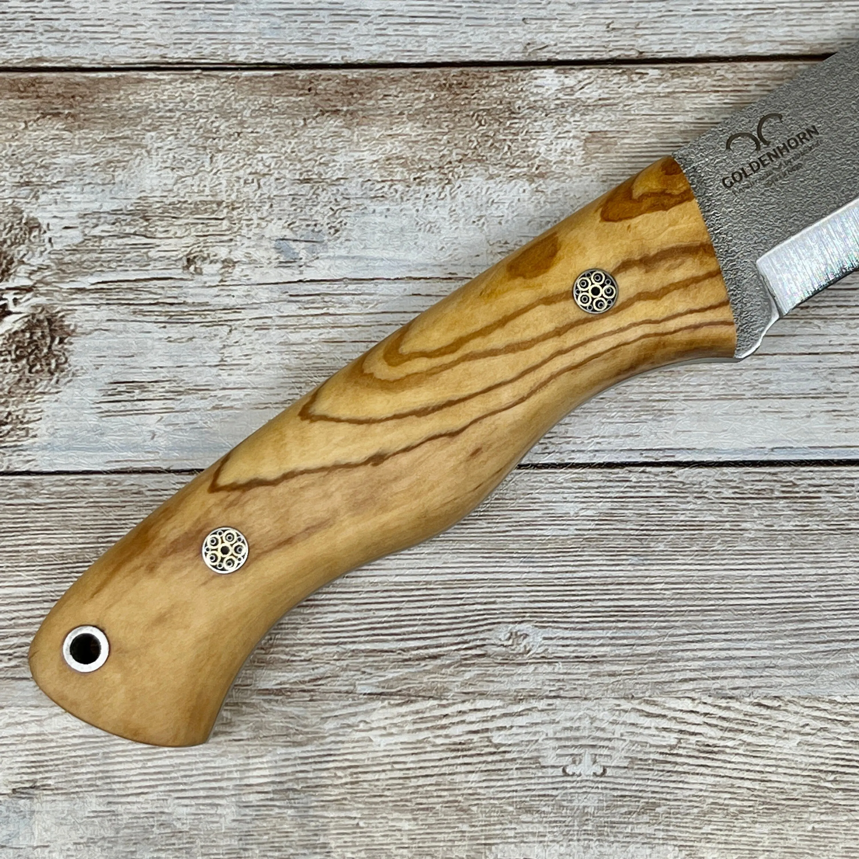 Bohler N690 Scandi Camping Knife, Hunting Knife, Leather Sheath, Bushcraft Knife, Skinner Knife, Magnesium Fire Starter, Olive Handle