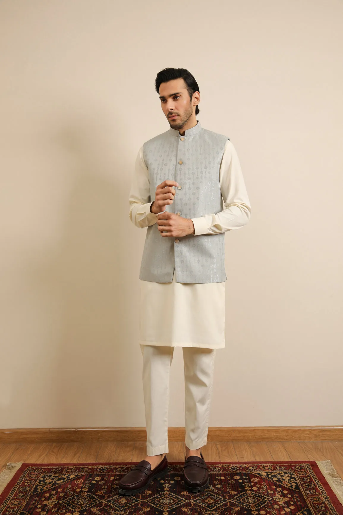 Bosky White Kurta Trouser with Sky Blue Jamawar Waistcoat - 3PC - Men