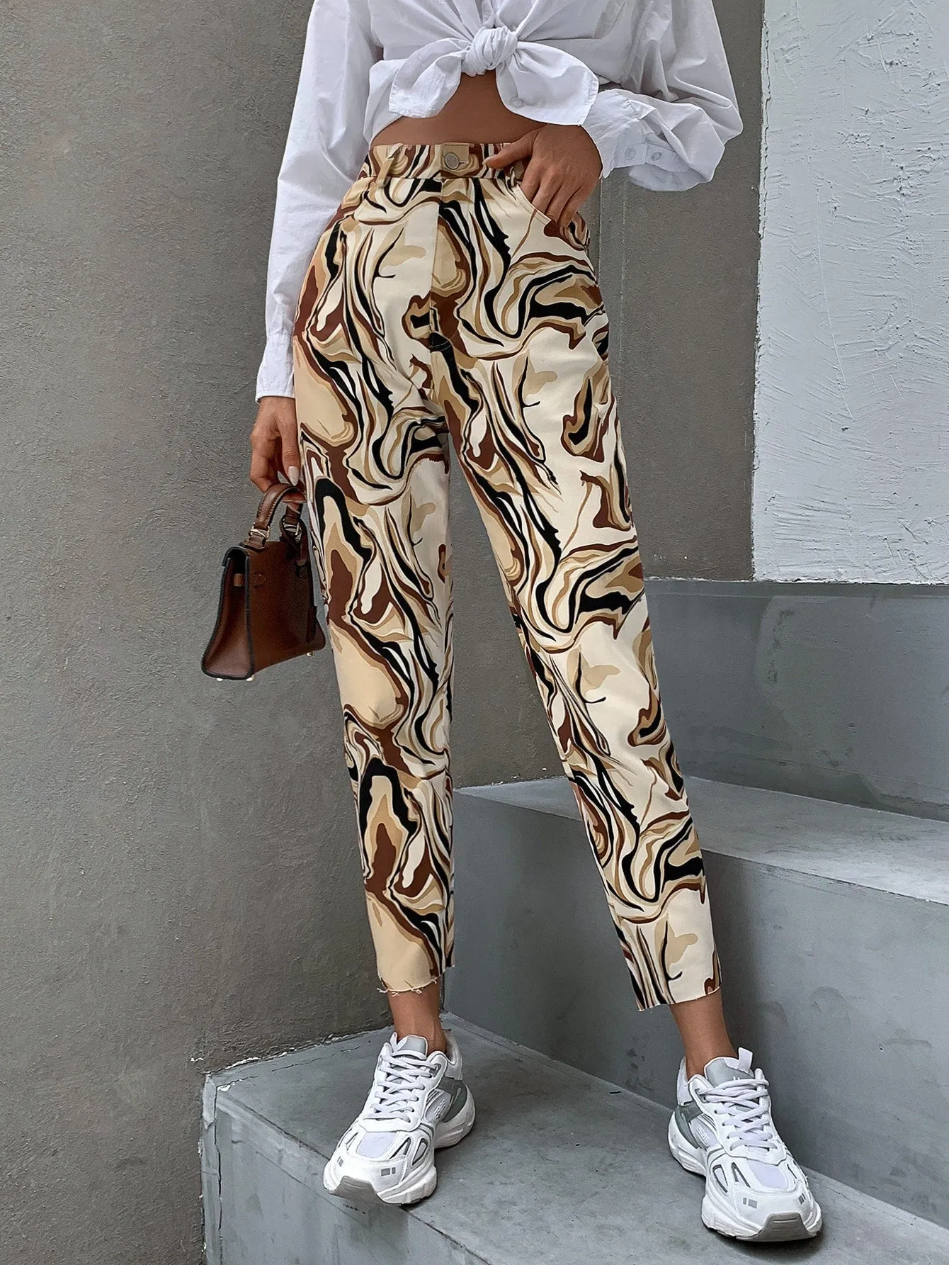 Casual Marble Button High Waist Cropped Women Pants