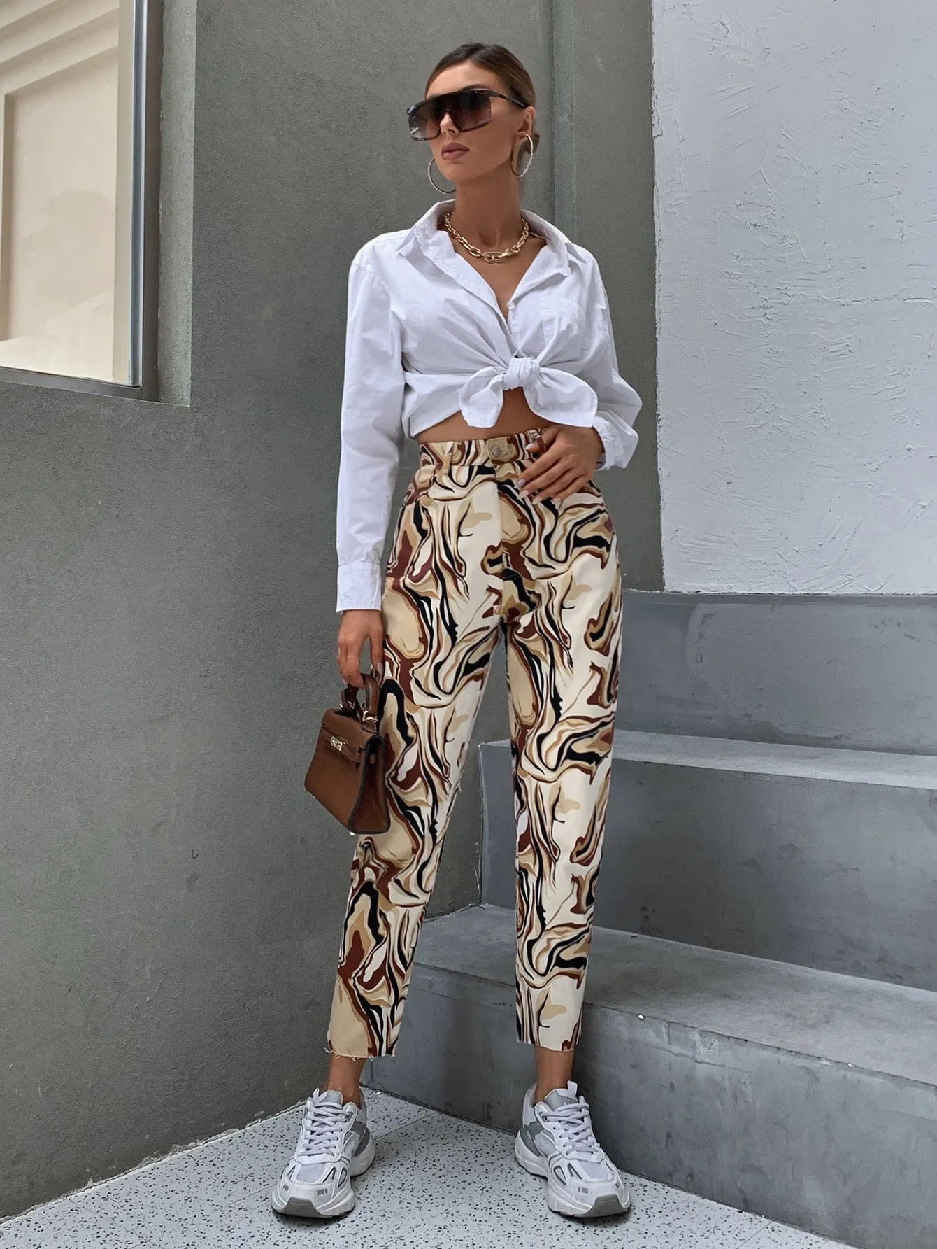 Casual Marble Button High Waist Cropped Women Pants