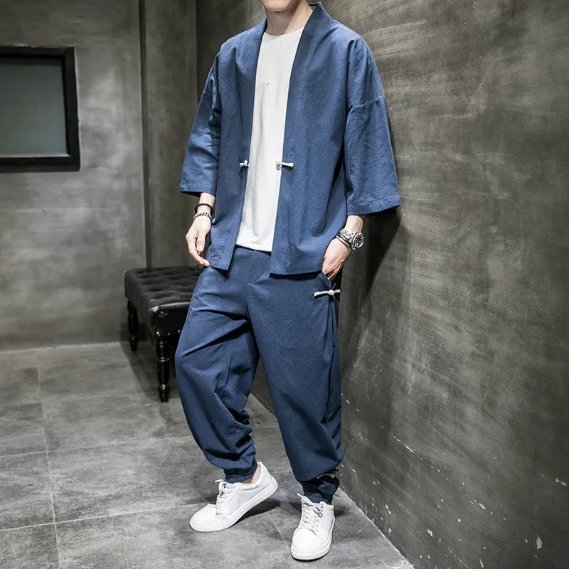 Chinese Style Linen Suit for Men - Summer Hanfu Robe, Three-Quarter Sleeves, Loose Fit, Sun Protection, Large Size, Cardigan.