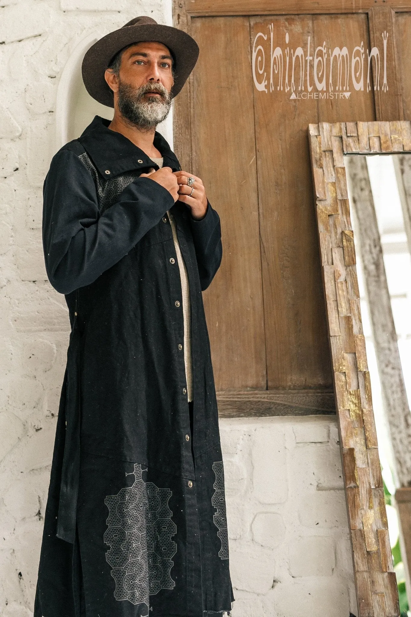 Cotton Canvas Mens Coat / Nomad Boho Cardigan Jacket with Shipibo Print / Black