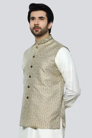 Cream Cotton Silk Shalwar Kameez with Waist Coat