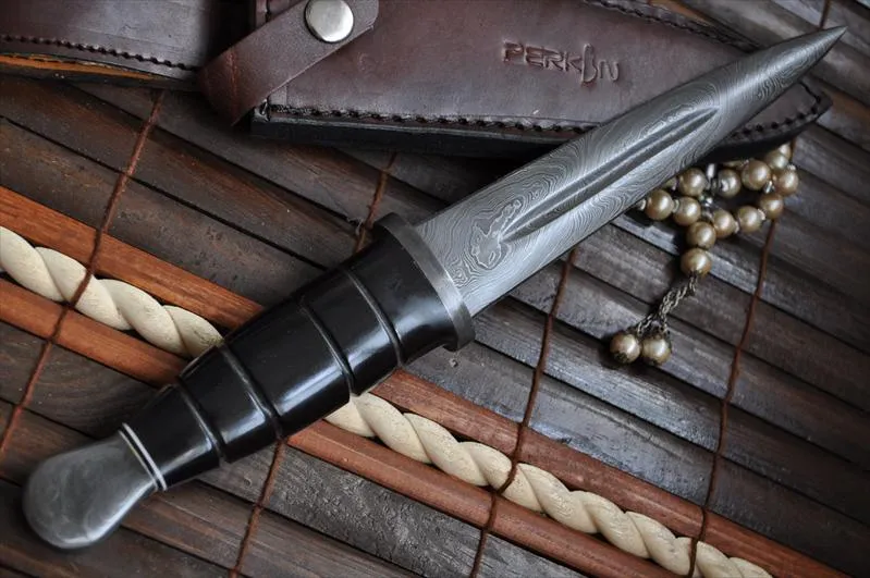 Custom Damascus Double Edge Hunting Knife With Leather Sheath