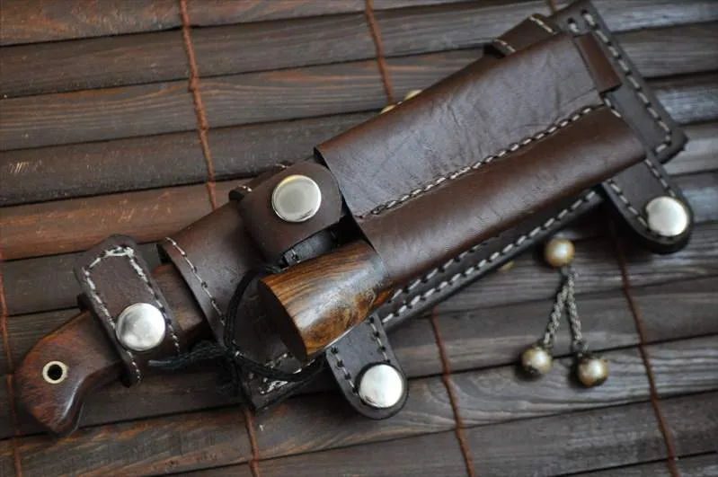 Custom Damascus Hunting/Bushcraft Knife with Handmade leather sheath