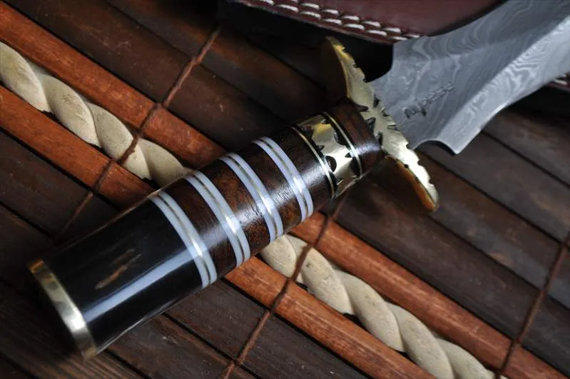 Damascus Double Edge Hunting Knife with Pear Wood & Buffalo Horn handle