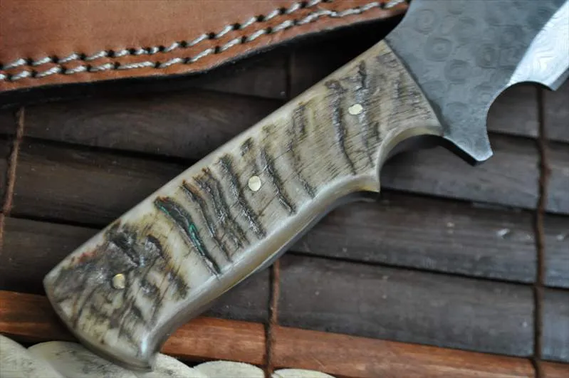 Damascus Hunting Knife - Full Tang & Ram's Horn Work Of Art