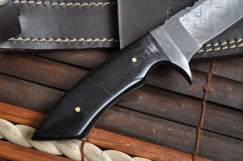 Damascus Hunting Knife With File Work In Spine