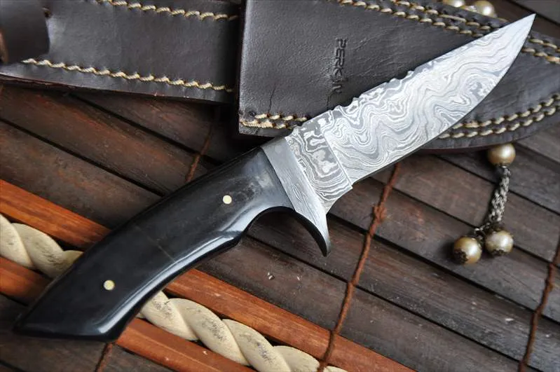 Damascus Hunting Knife With File Work In Spine