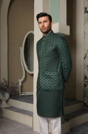 Dark Green Kurta Trouser wih Embroidered Prince Coat - Men