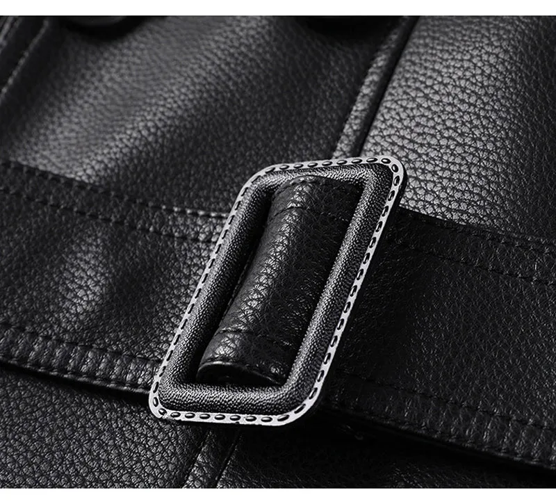 Double Breasted Solid Black Leather Coat