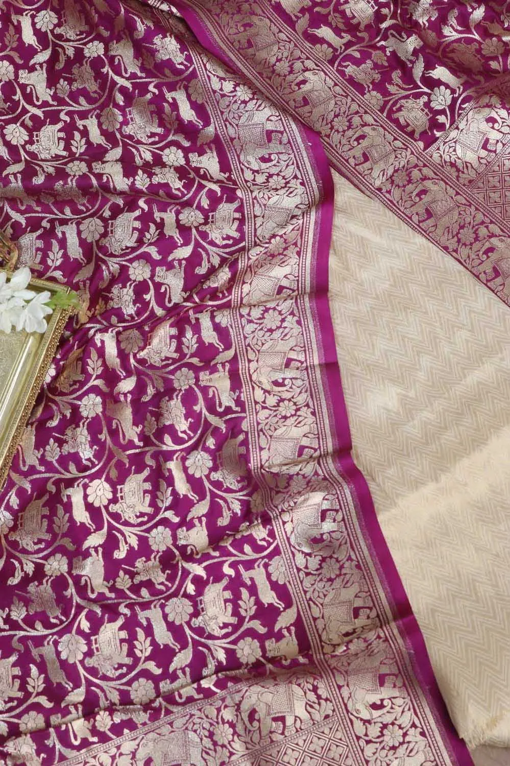 Dyeable Banarasi Georgette Suit With Purple Banarasi Silk Shikargah Dupatta