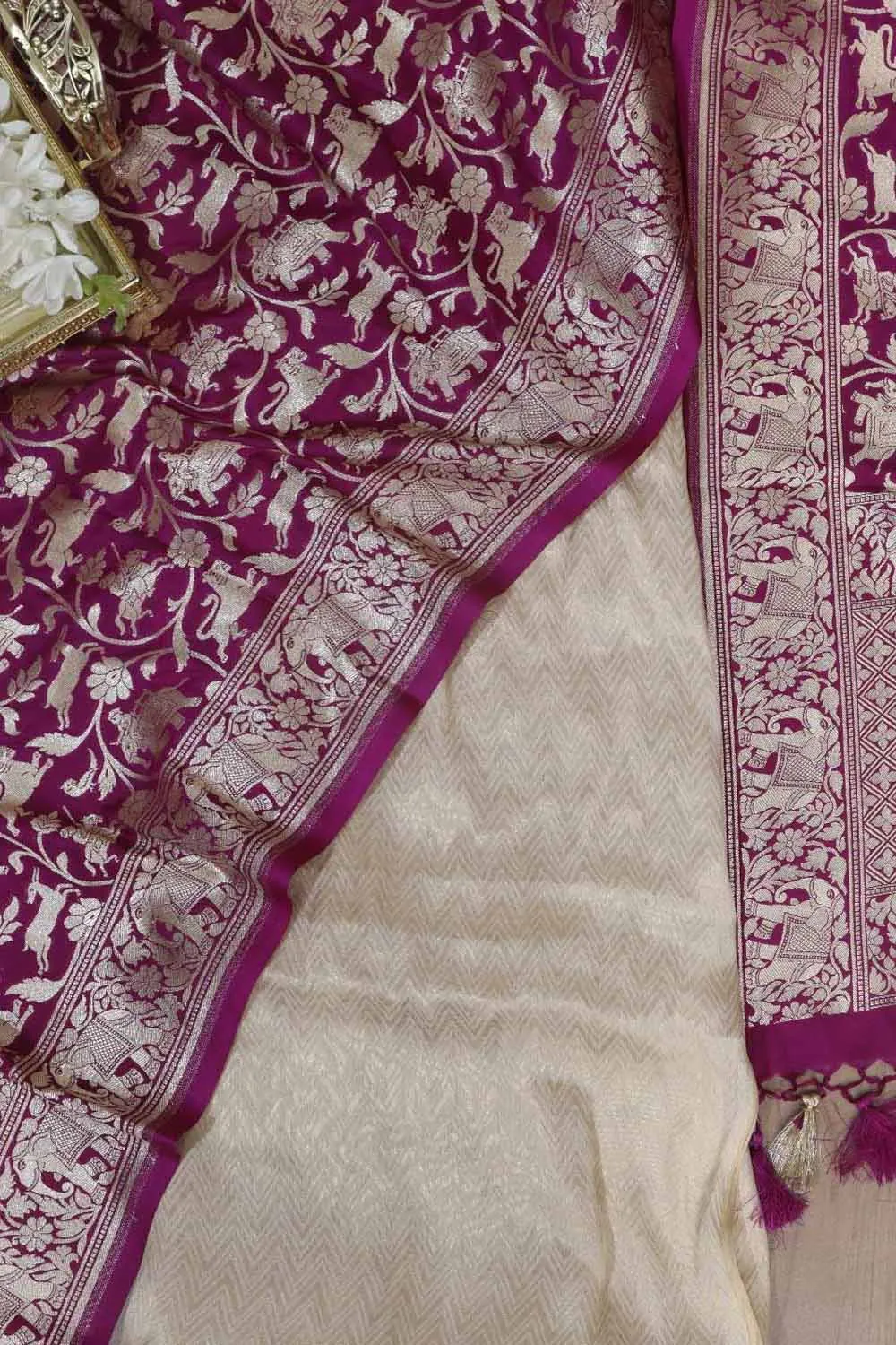 Dyeable Banarasi Georgette Suit With Purple Banarasi Silk Shikargah Dupatta