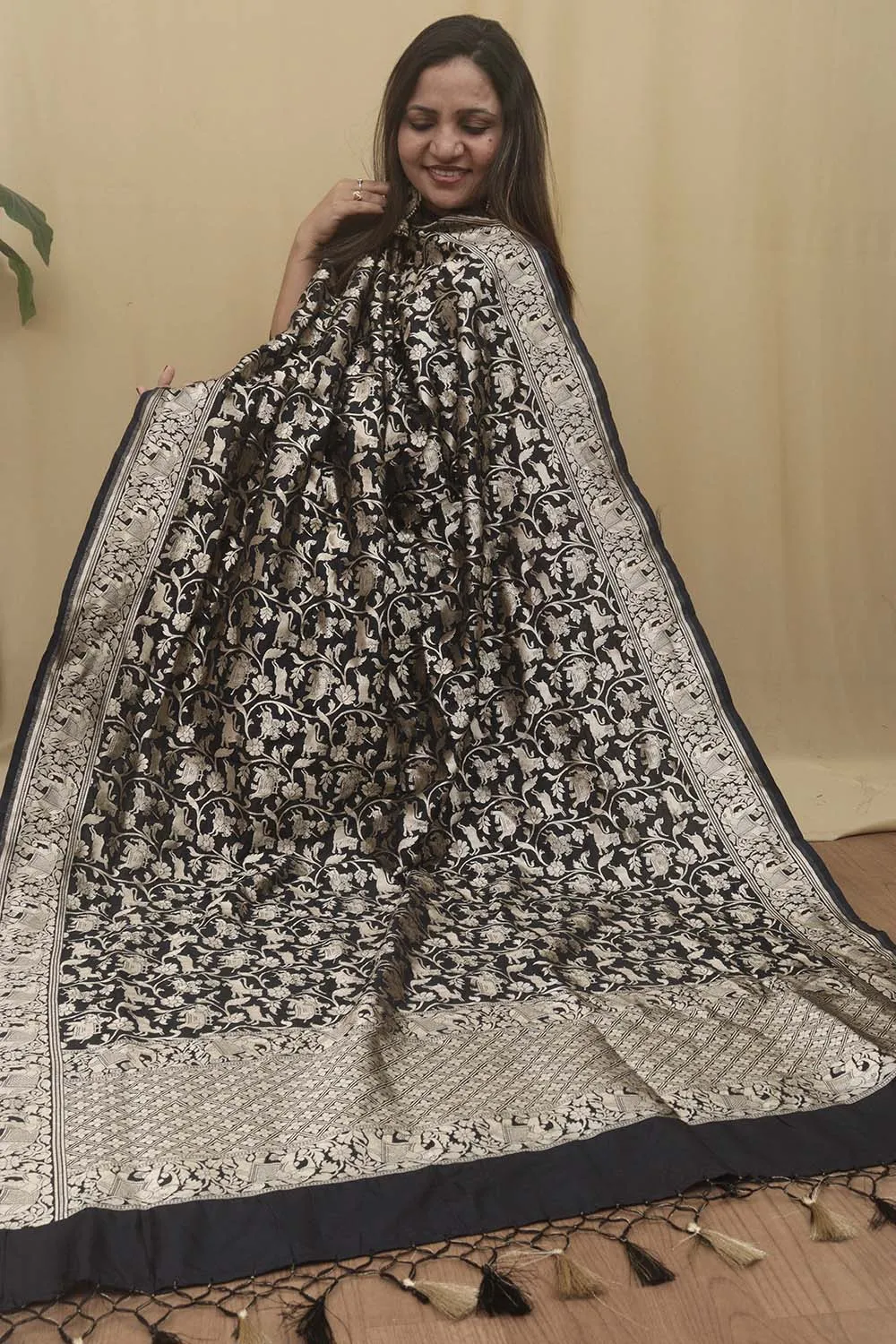 Elegant Black Banarasi Silk Shikargah Design Dupatta