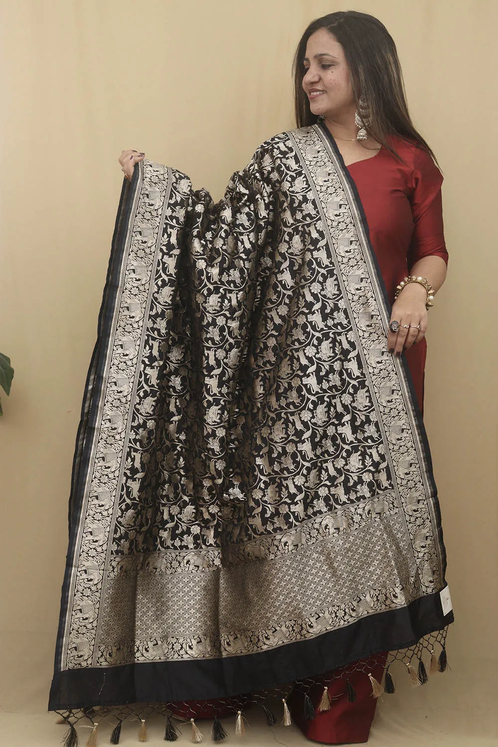 Elegant Black Banarasi Silk Shikargah Design Dupatta