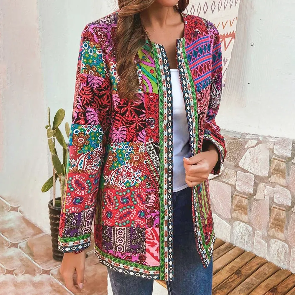 Ethnic Floral Print Long Sleeve Loose Jacket Coat Cardigan