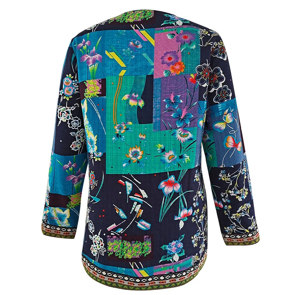 Ethnic Floral Print Long Sleeve Loose Jacket Coat Cardigan