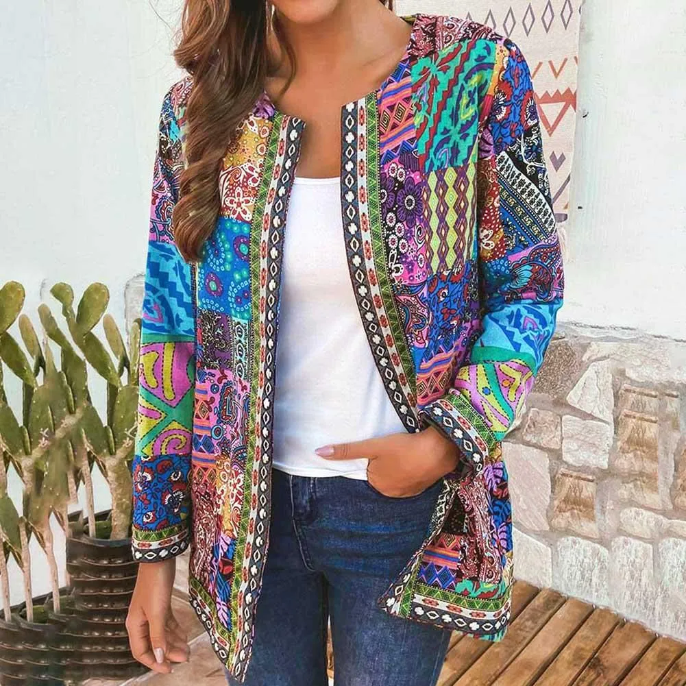Ethnic Floral Print Long Sleeve Loose Jacket Coat Cardigan