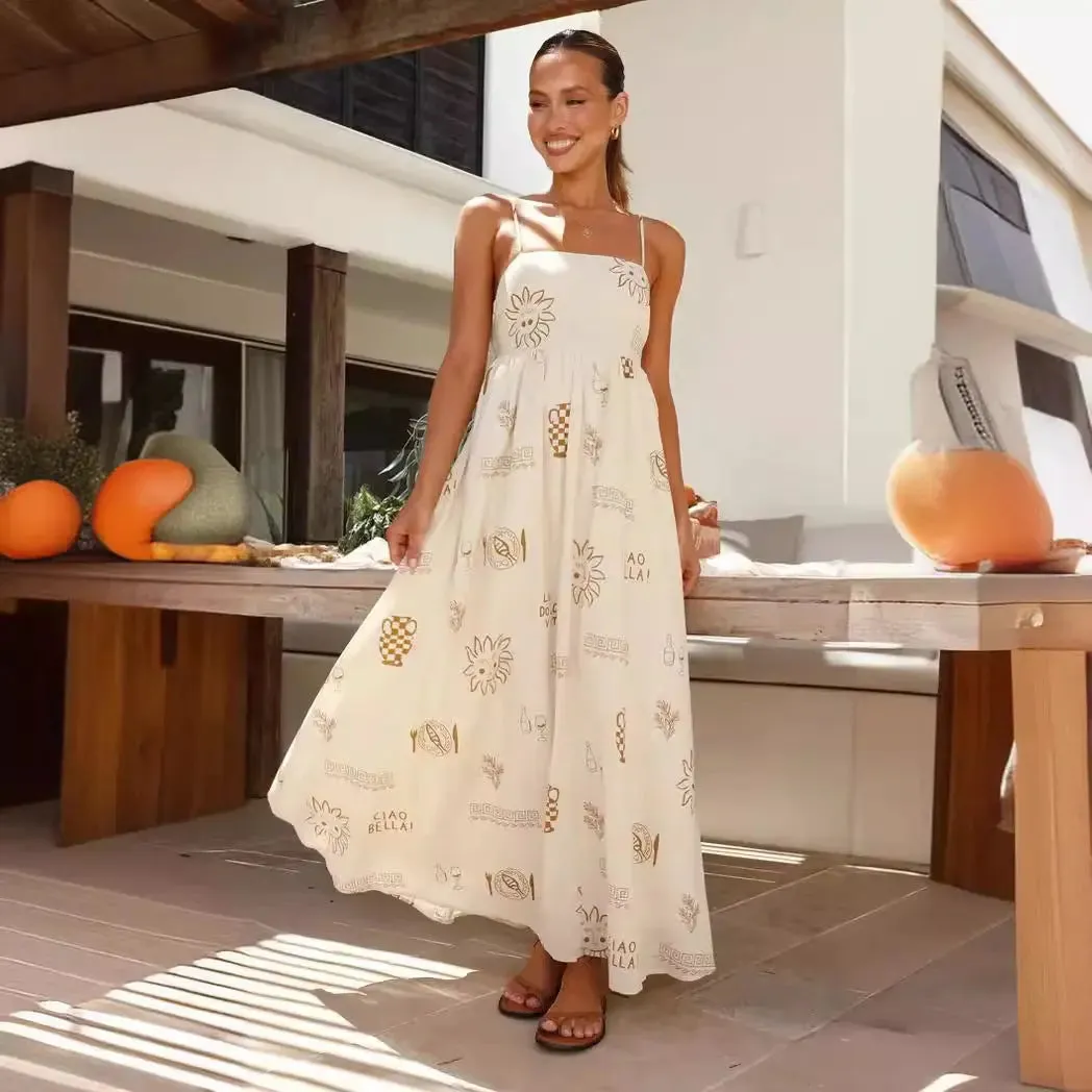 Fashionable Printed Spaghetti Strap Backless Dress