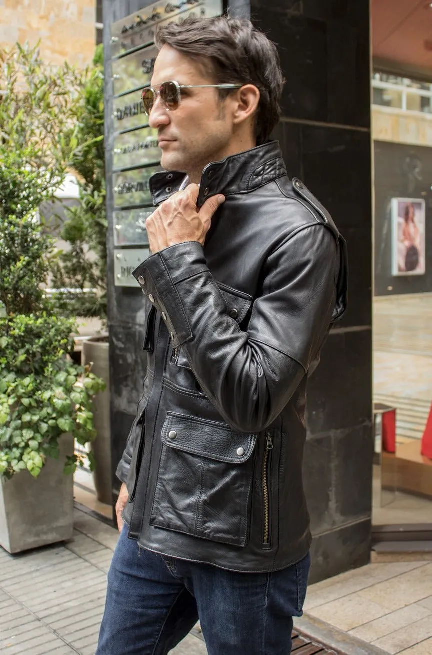 FIELD FR Leather Jacket in Calfskin - Black  - Mid-Length