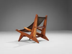French Hunting Chair in Pine and Brown Leather