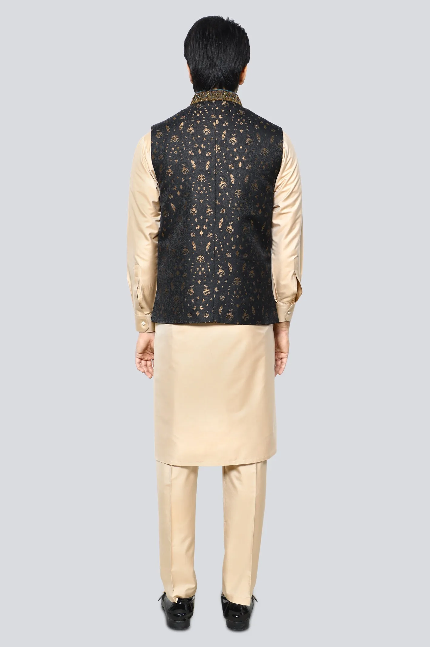 Gold Cotton Silk Shalwar Kameez with Waist Coat