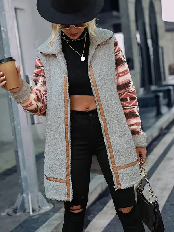 Grainy Lapel Colorblock Zipper Plush Coat