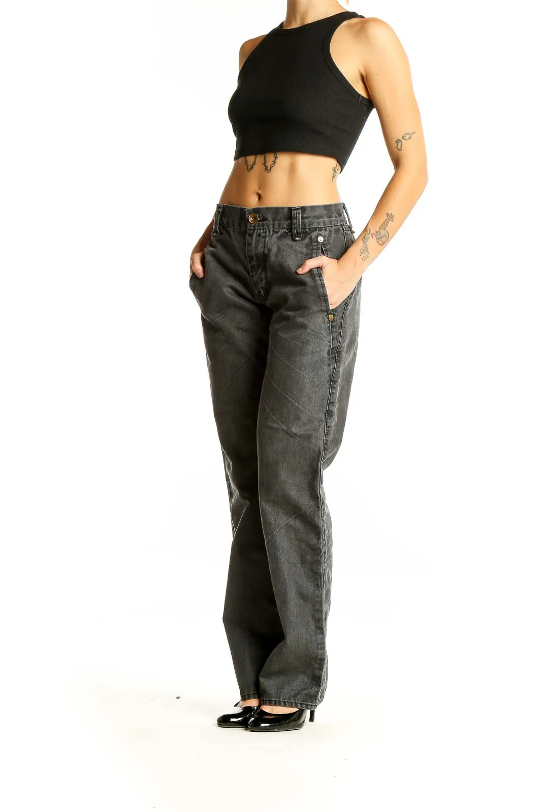 Gray Denim Wide-Leg Jeans