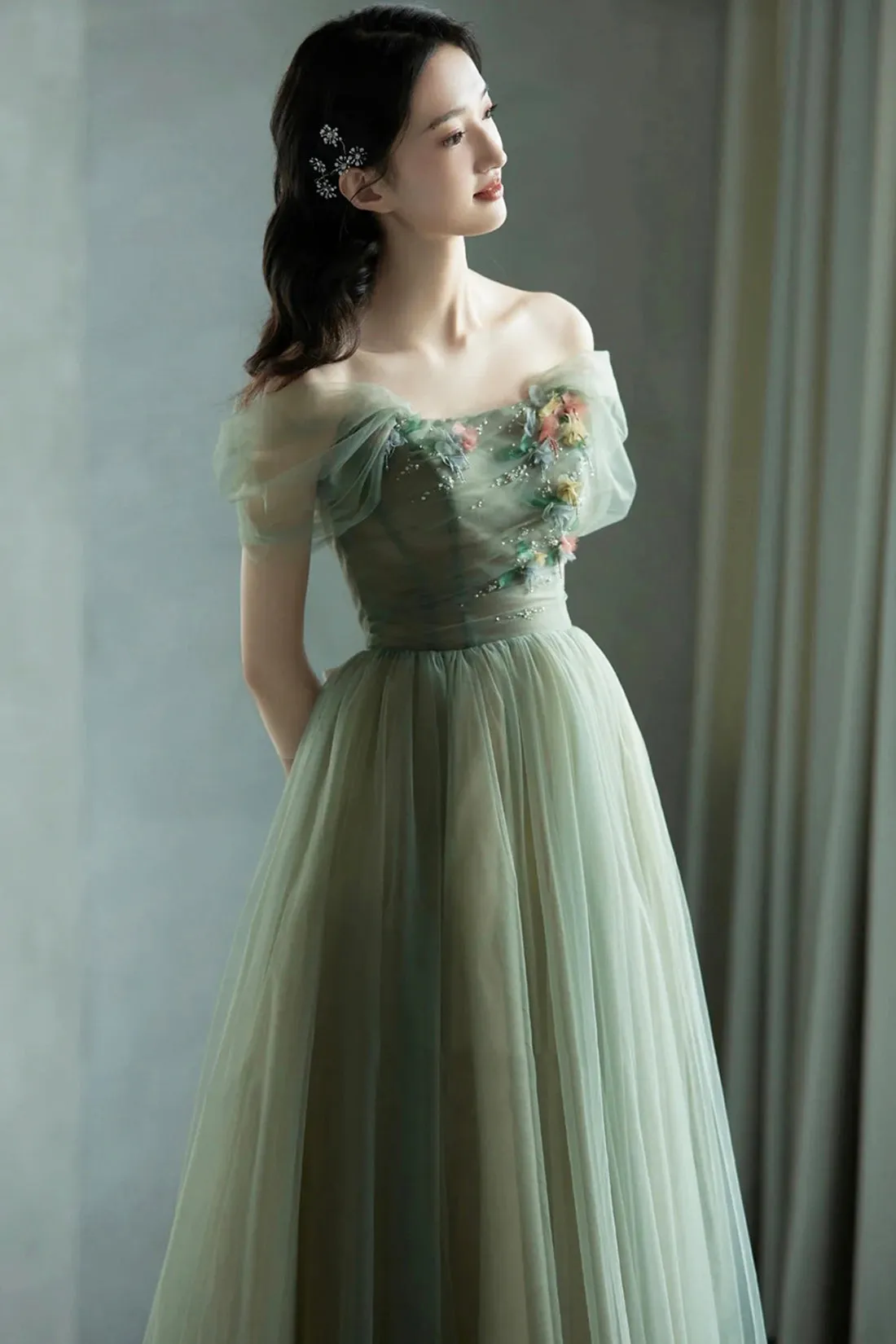 Green Tulle Floor Length Prom Dress, Off the Shoulder A-Line Evening Party Dress