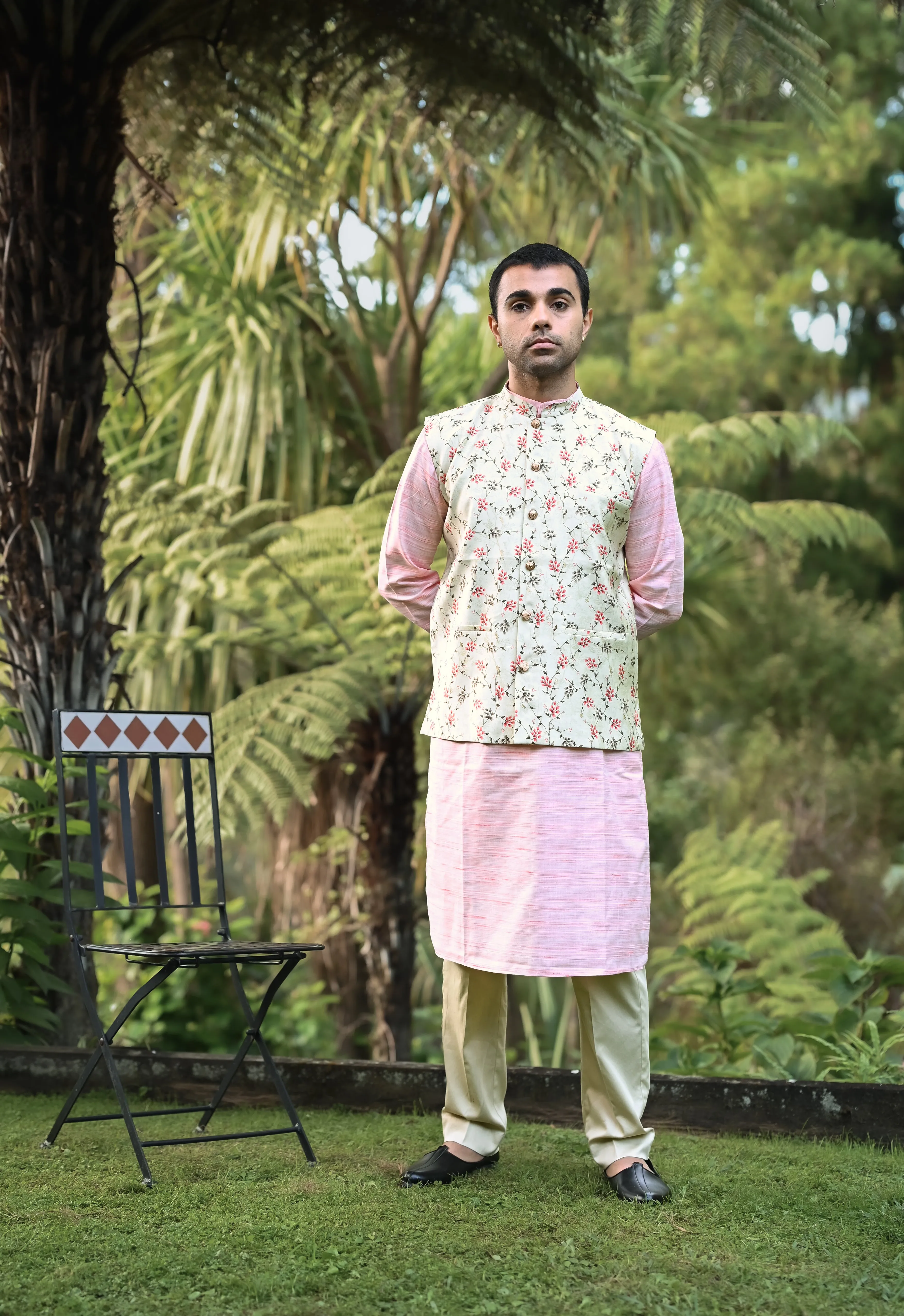 Gulaab Salmon Pink Kurta Pyjama Set with Nehru Jacket