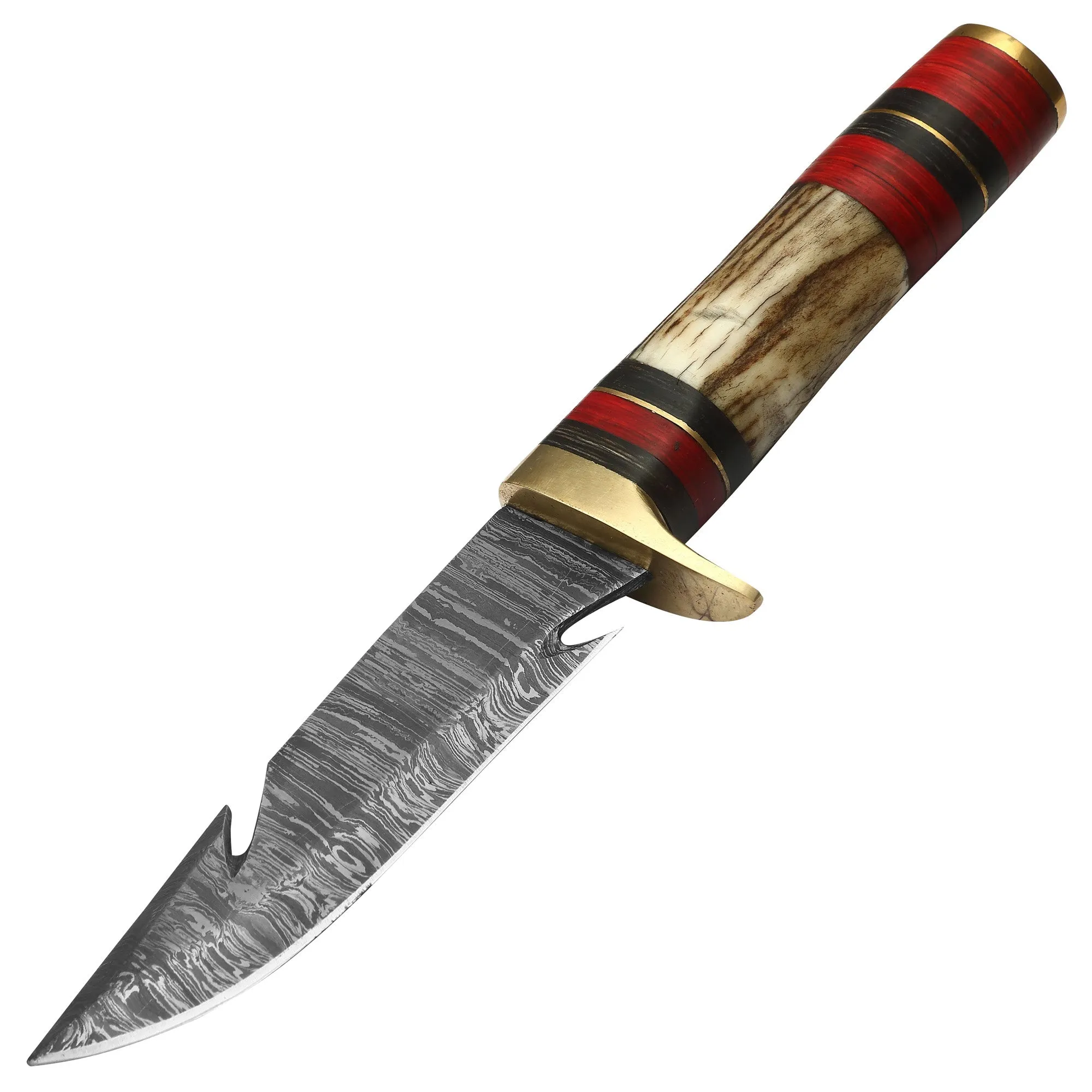 Handcrafted 9.5-inch Damascus Steel Blade Hunting Knife with Horn Handle and Premium Cowhide Leather Sheath