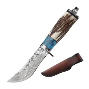 Handmade Damascus Fixed Blade Knife Horn Handle Outdoor Camping Hunting Survival Pocket Knife Utility Leather Case Collection