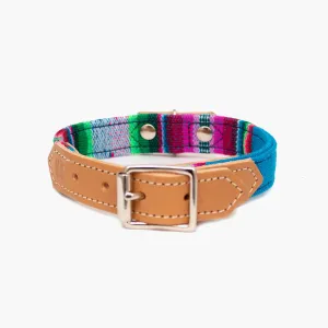 Handmade Hiro   Wolf Inca Blue Dog Collar in Leather and Fabric