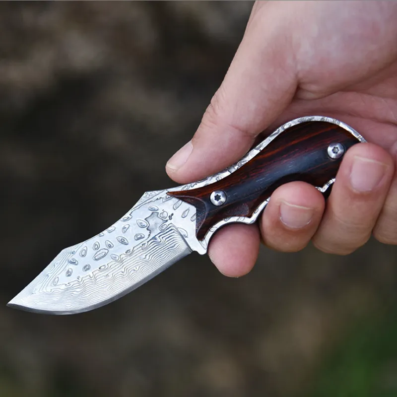 High Class Small Size Outdoor Hunting Damascus Fixed Blade Knife In Leather Sheath