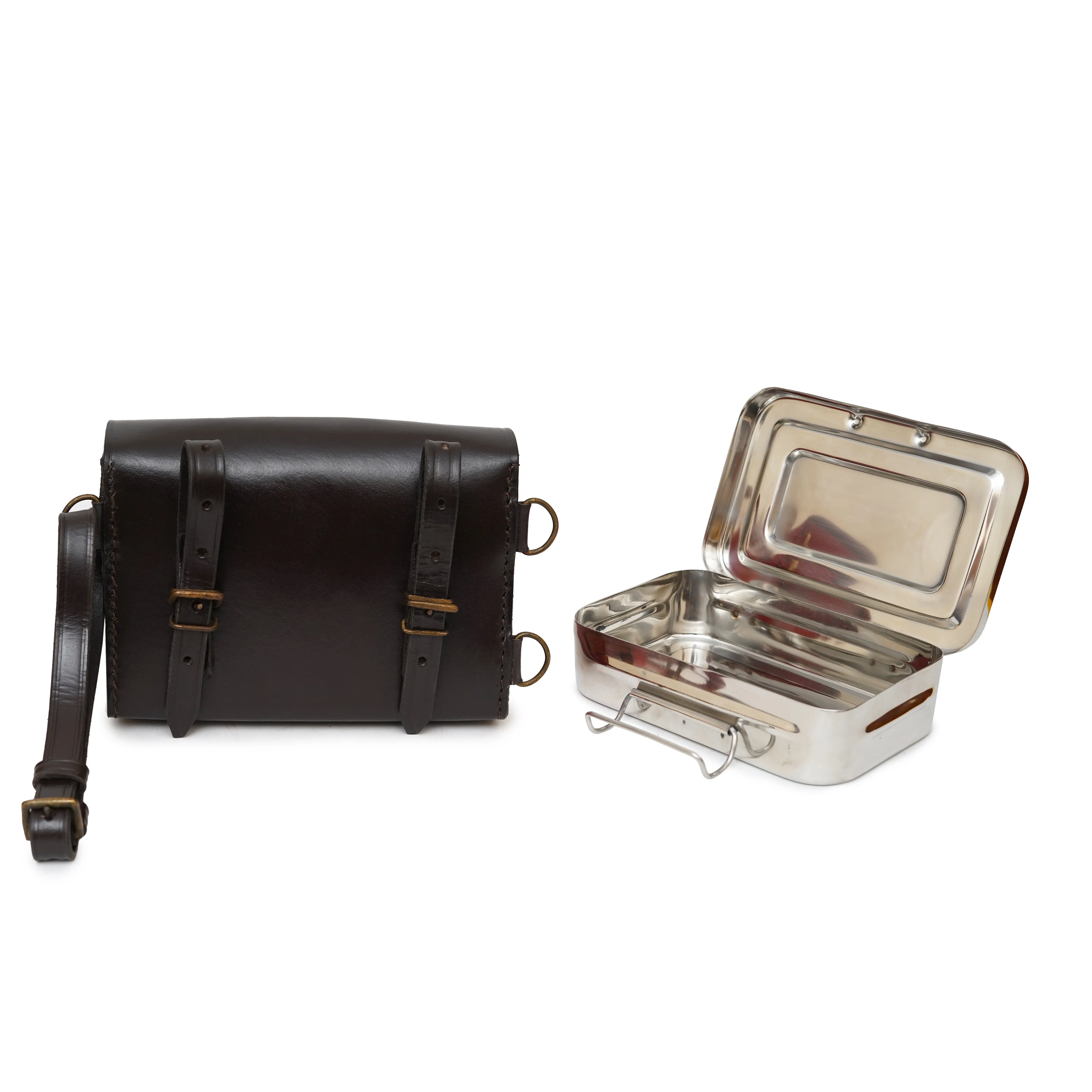 Hunting Sandwich Tin with Brown Leather Saddle Attach Case