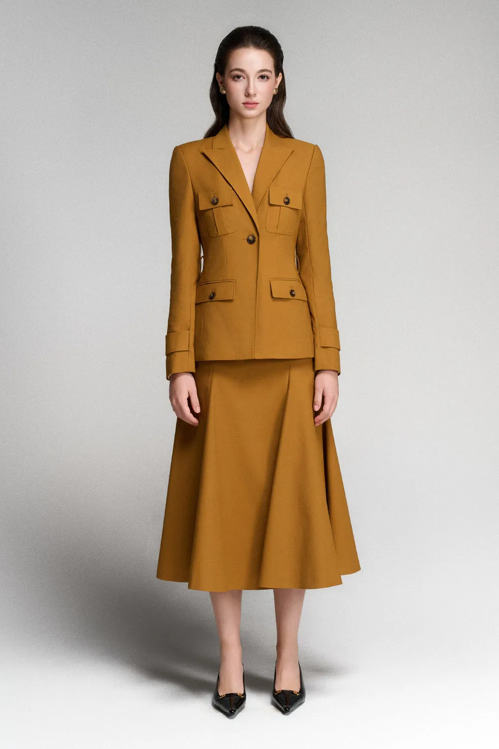 Linnea Hourglass Peak Lapel Khaki Coat