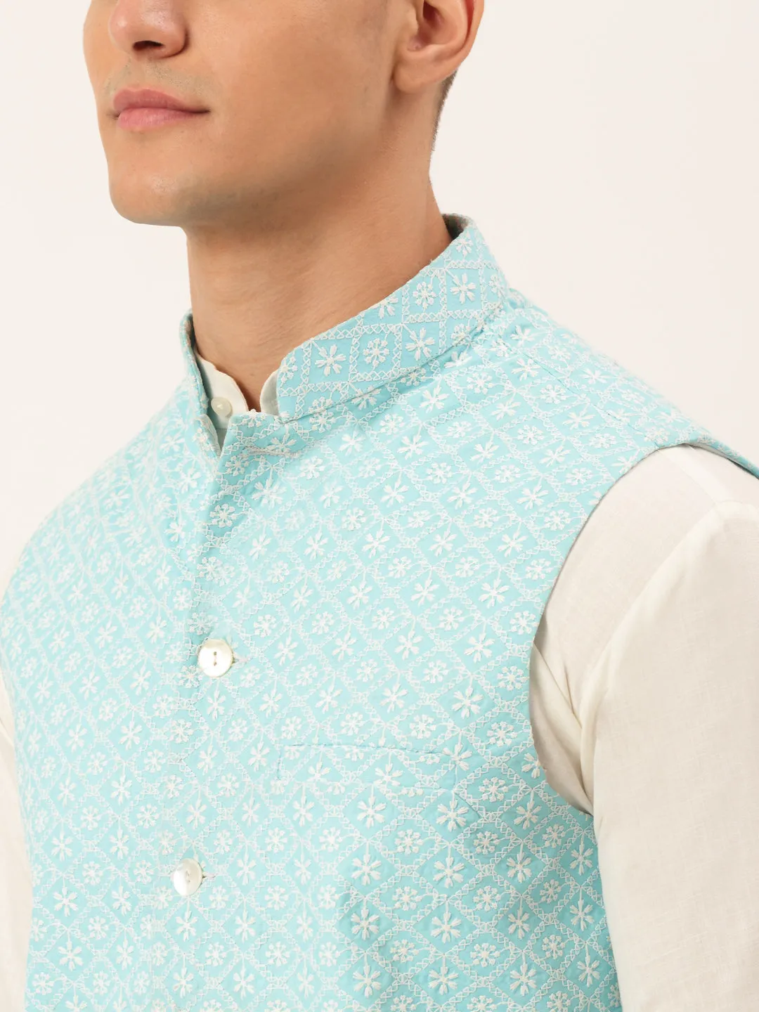 Men White Cotton Blend Kurta with Pyjamas & Sky Blue Embroidered Nehru Jacket