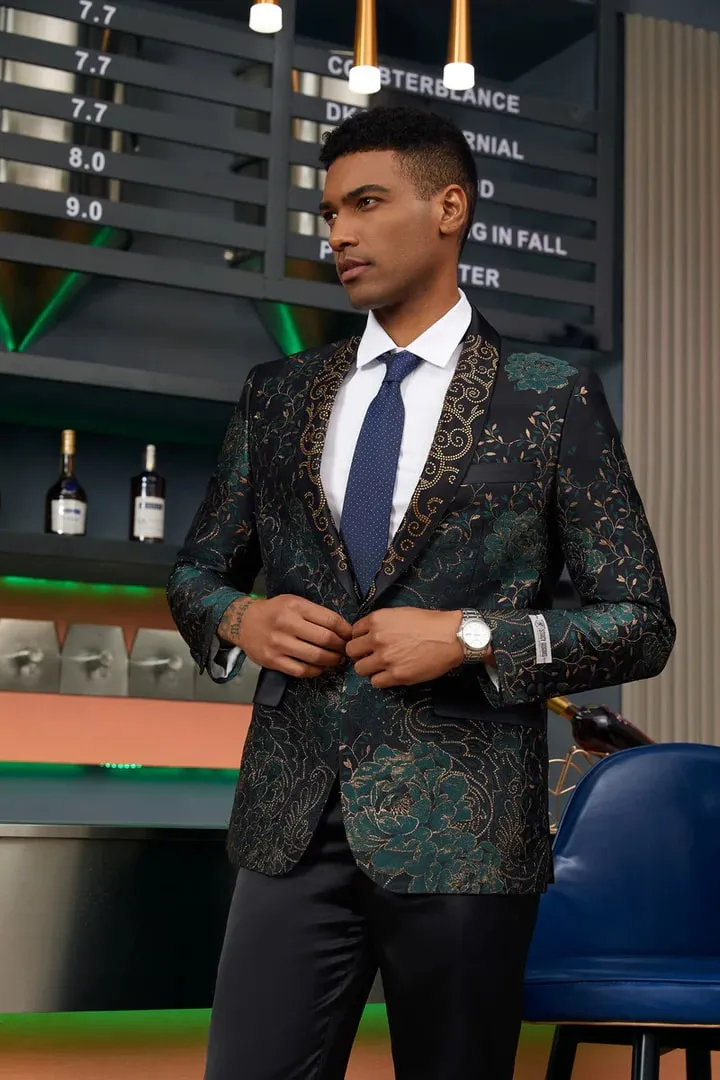 Mens Blazer - Cheap Priced Mens Sport Coat - Men's Stacy Adam's Designer Prom & Wedding Tuxedo Jacket In Green & Gold Floral Paisley